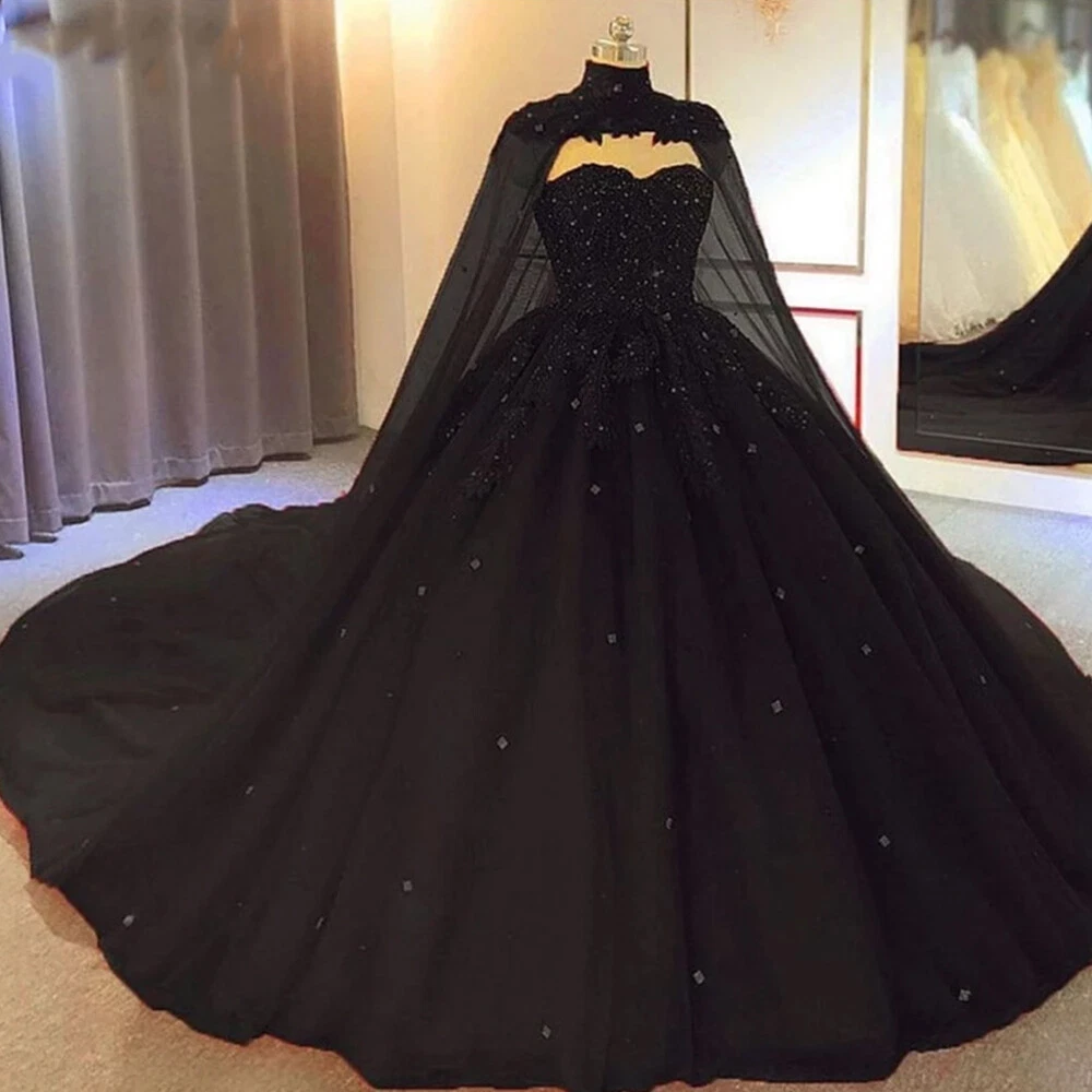 Mehrfarbige Spitzen Ball Brautkleider mit Cape Perlen Brautkleider Sweep Schleppe - Bild 17 von 18