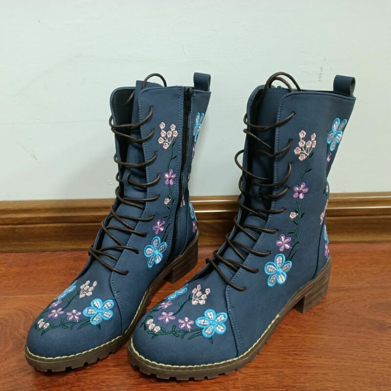 Women's Boots Shoes Retro Rose Embroidery Lace Up Flat Cowgirl Shoes Party Boots - Picture 30 of 30