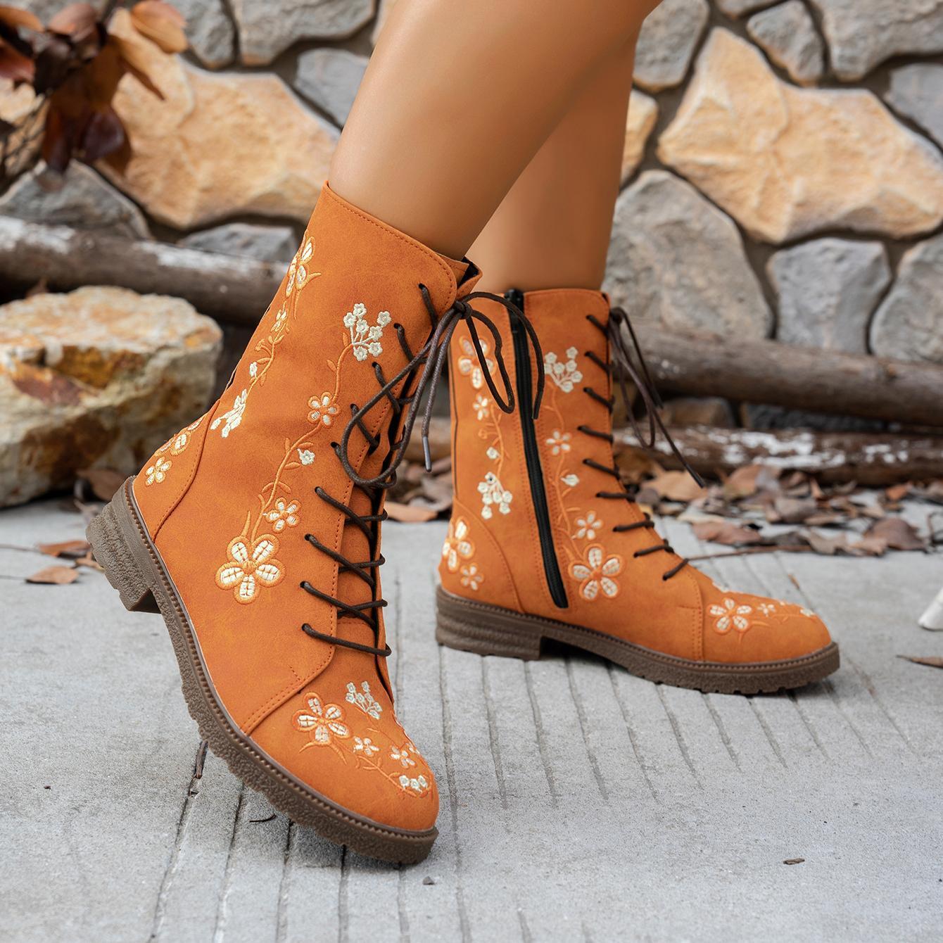 Women's Boots Shoes Retro Rose Embroidery Lace Up Flat Cowgirl Shoes Party Boots - Picture 28 of 30