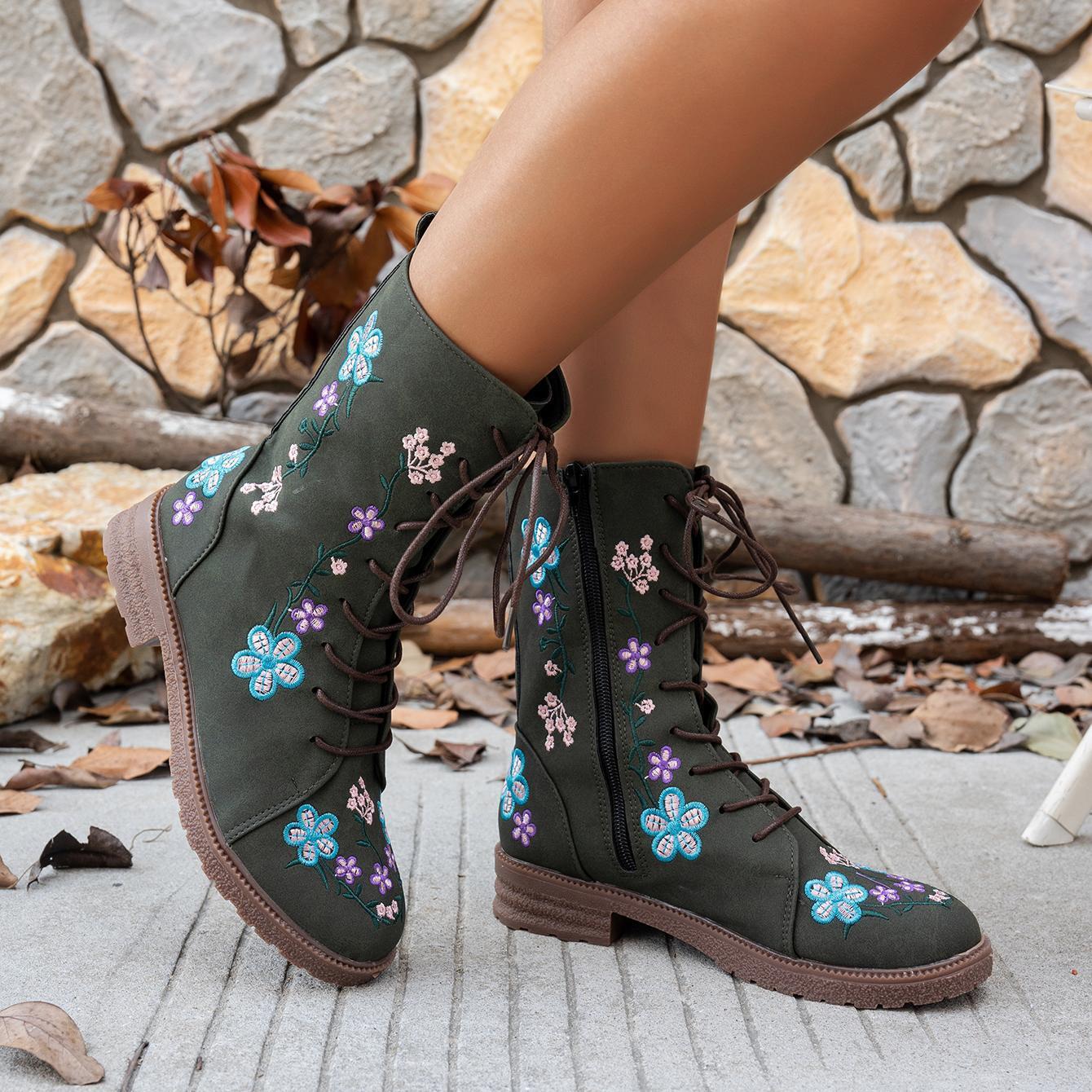 Women's Boots Shoes Retro Rose Embroidery Lace Up Flat Cowgirl Shoes Party Boots - Picture 25 of 30
