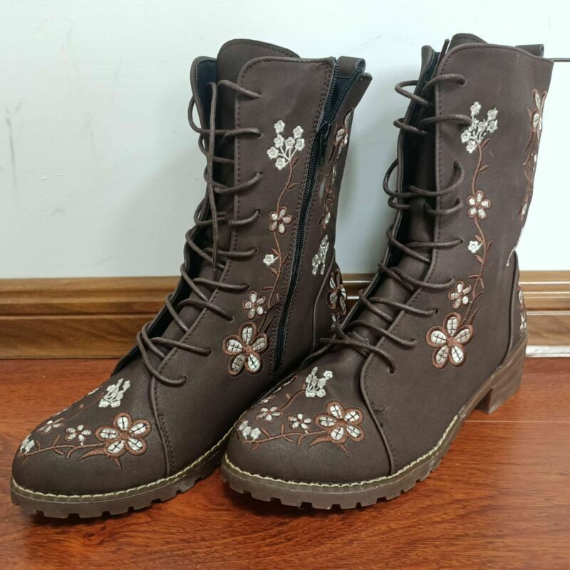 Women's Boots Shoes Retro Rose Embroidery Lace Up Flat Cowgirl Shoes Party Boots - Picture 27 of 30