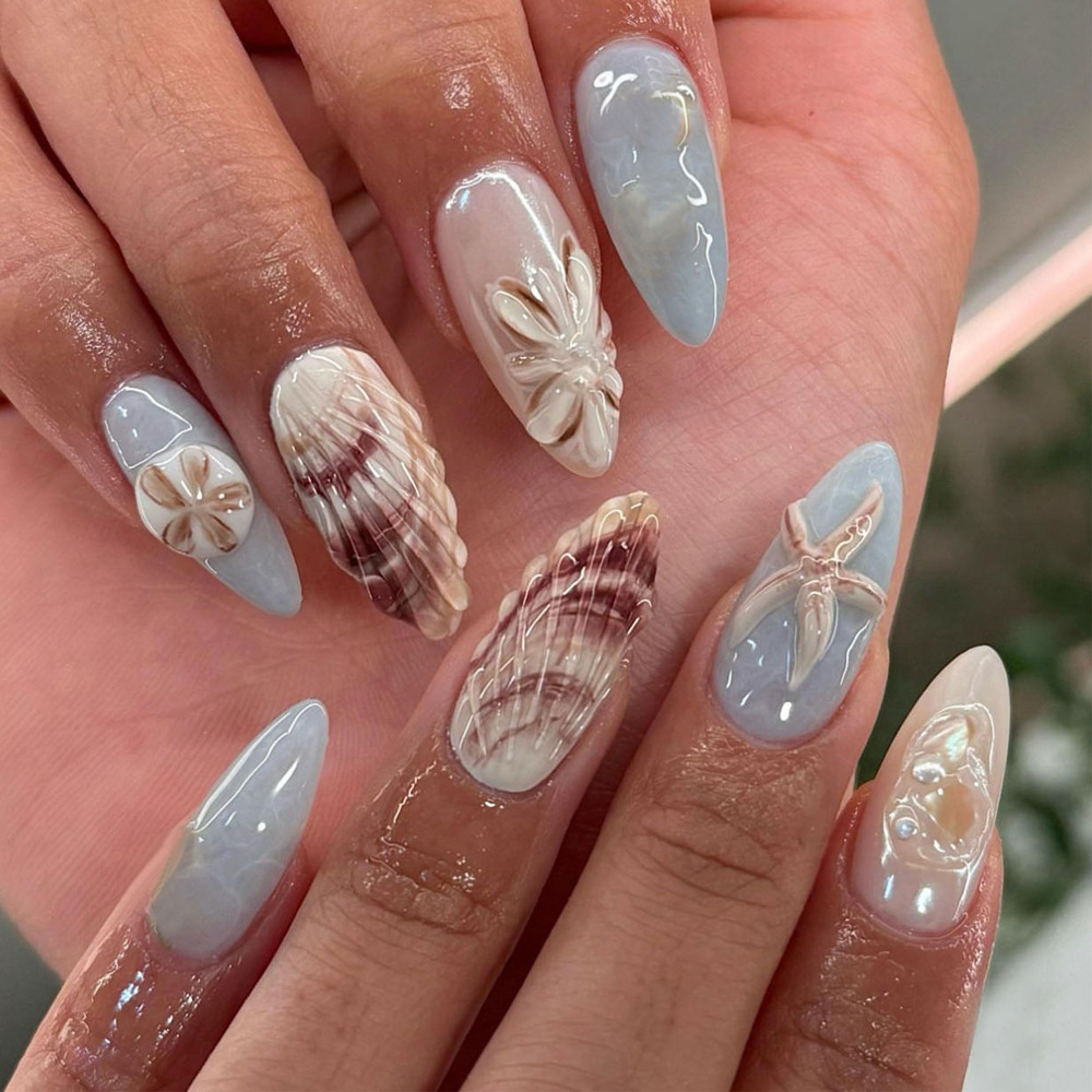 24pcs Summer Ocean Blue 3D Shell Design Press on Nails, Medium Almond