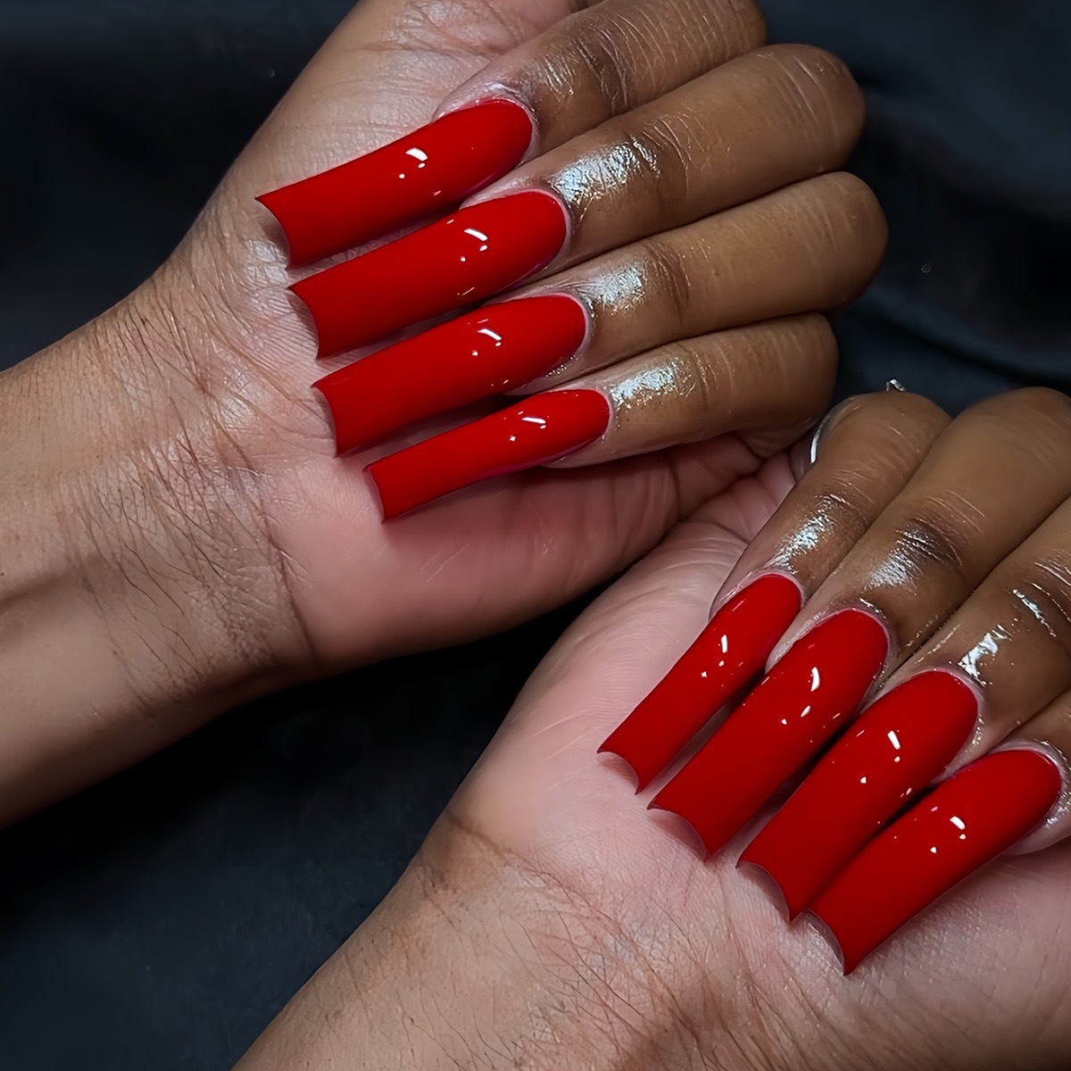 Long Curved Press-On Fake Nail Glossy Classic Red Color Festival Manicure 24pcs