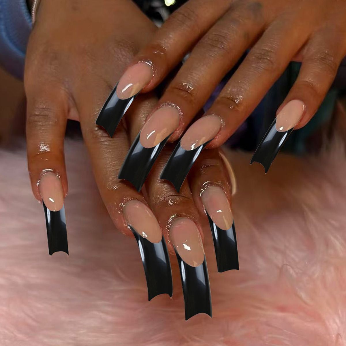 Long Curved Press-On Fake Nail Classic Black French Halloween Manicure