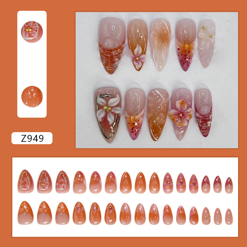 24pcs 3D French Summer Flowers Golden Beads Press on Nails, Medium Almond Shape