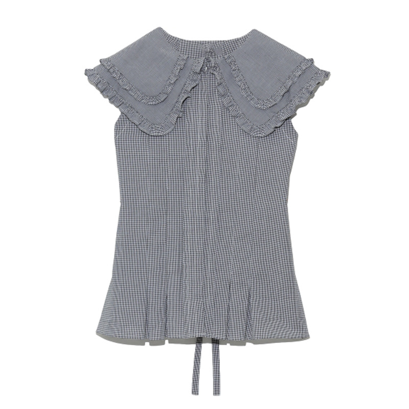 Camicia casual senza maniche con colletto bambola dolce arruffata donna nuova moda estate - Foto 14 di 14