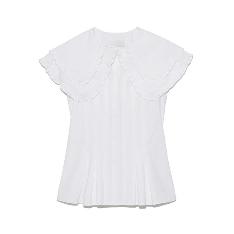 Camicia casual senza maniche con colletto bambola dolce arruffata donna nuova moda estate - Foto 12 di 14