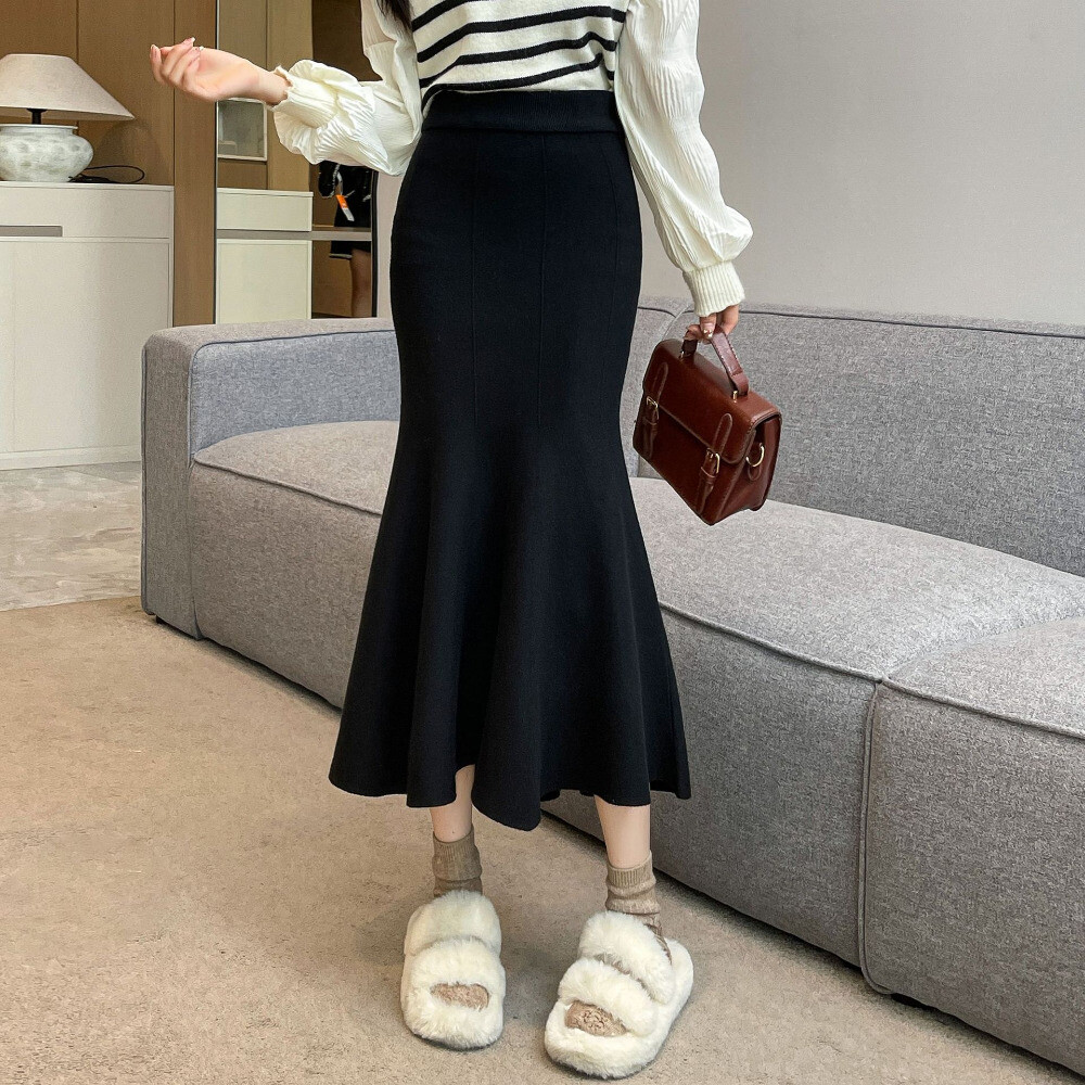 Women Girl Knitted Fishtail Skirt Slim High Waist Midi Wrap Dress Elegant Casual - Picture 12 of 16