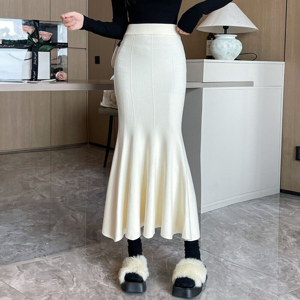 Women Girl Knitted Fishtail Skirt Slim High Waist Midi Wrap Dress Elegant Casual - Picture 11 of 16