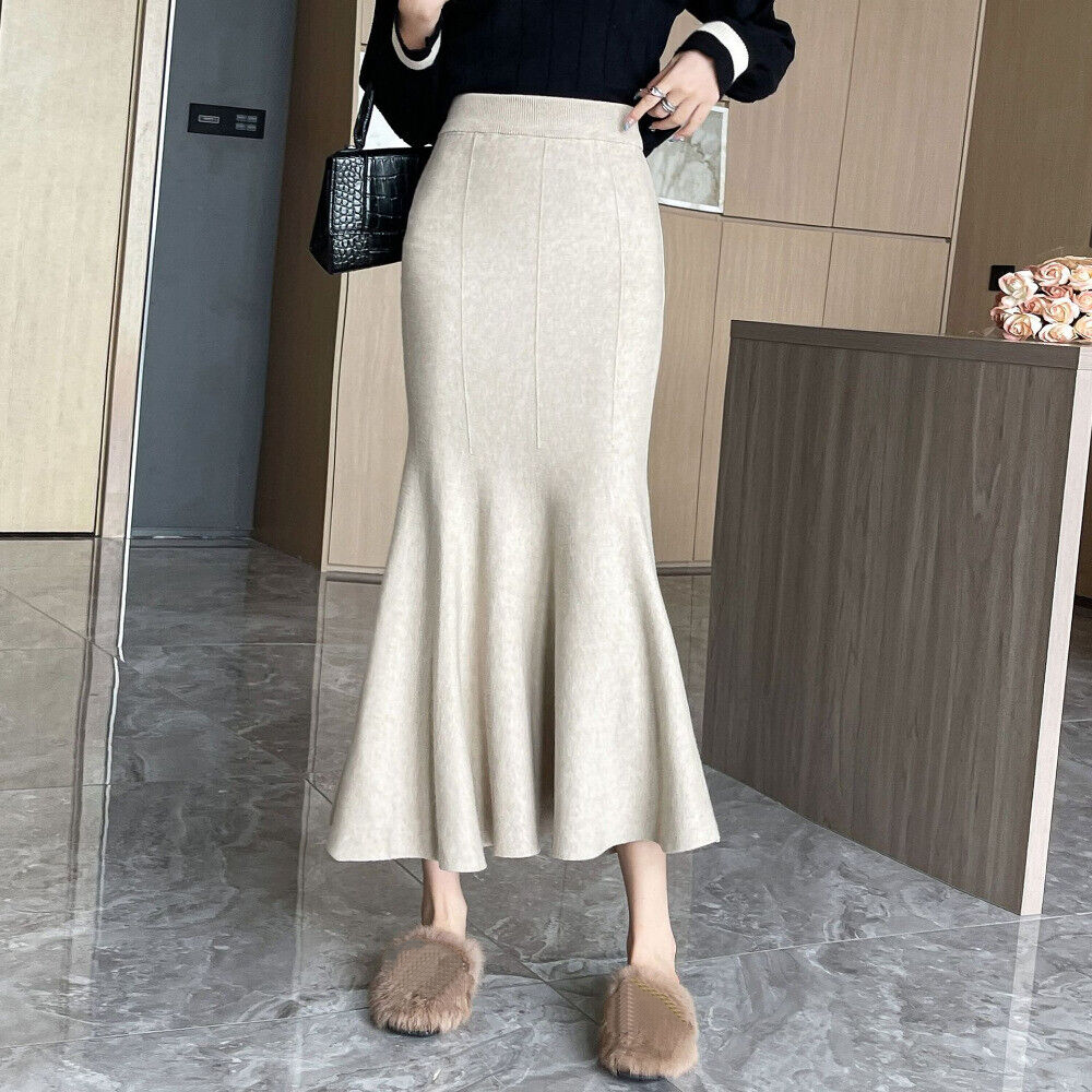 Women Girl Knitted Fishtail Skirt Slim High Waist Midi Wrap Dress Elegant Casual - Picture 13 of 16