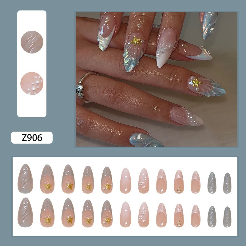 24pcs Mermaid Glow with Shell Tips Press on Nails, Medium Almond Shape