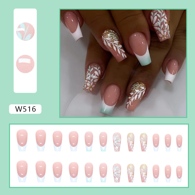 Coffin Short False Nail French Leafs Spring Press on Nails for Nail Art