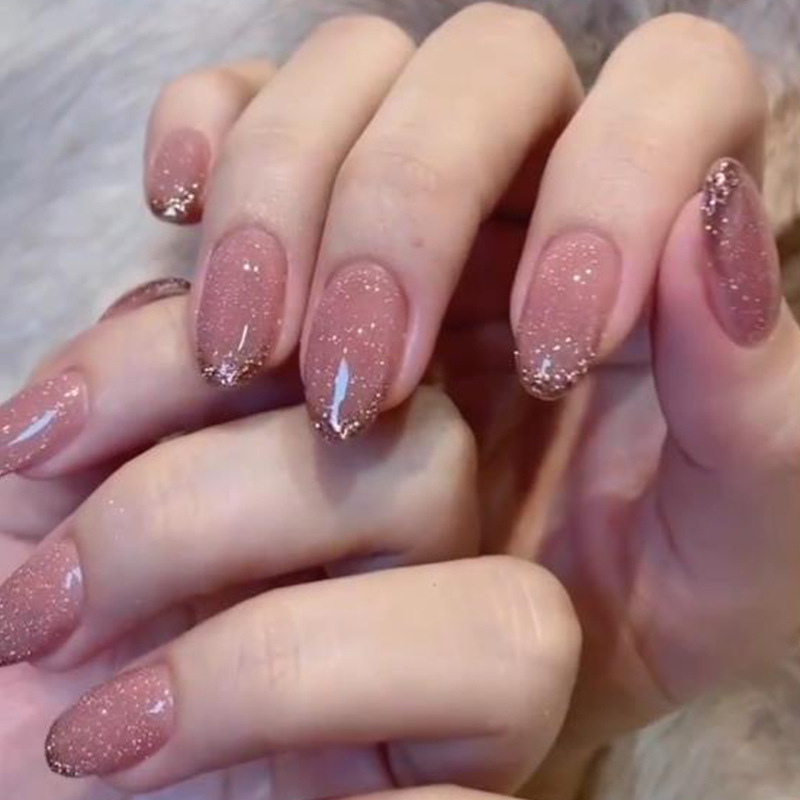 Shiny Pink Winter False Nail Short Almond Press on Nails for Nails Art 24pcs
