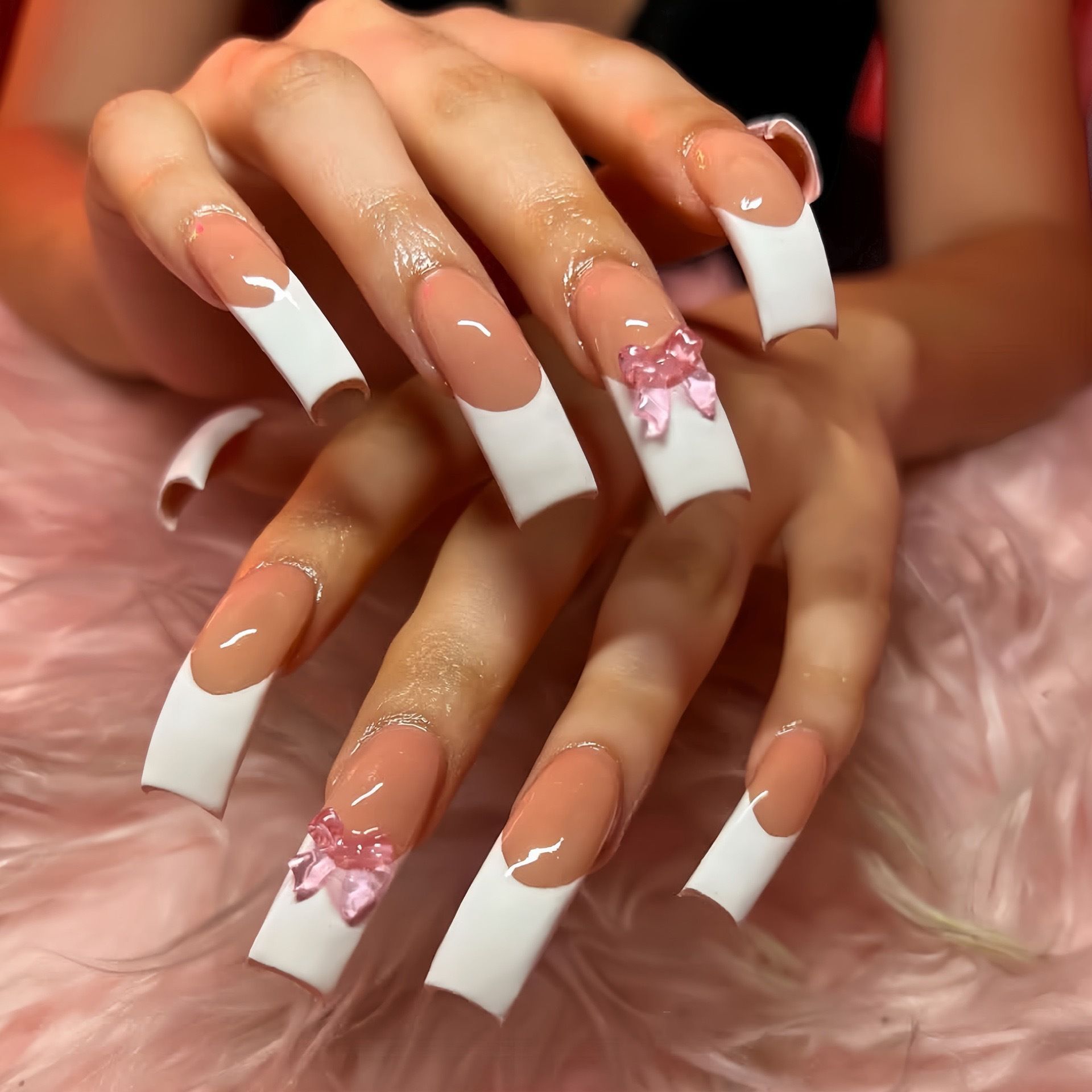 Long Curved Press-On Fake Nail Sweet Elegant Bow Classic French Manicure 24pcs