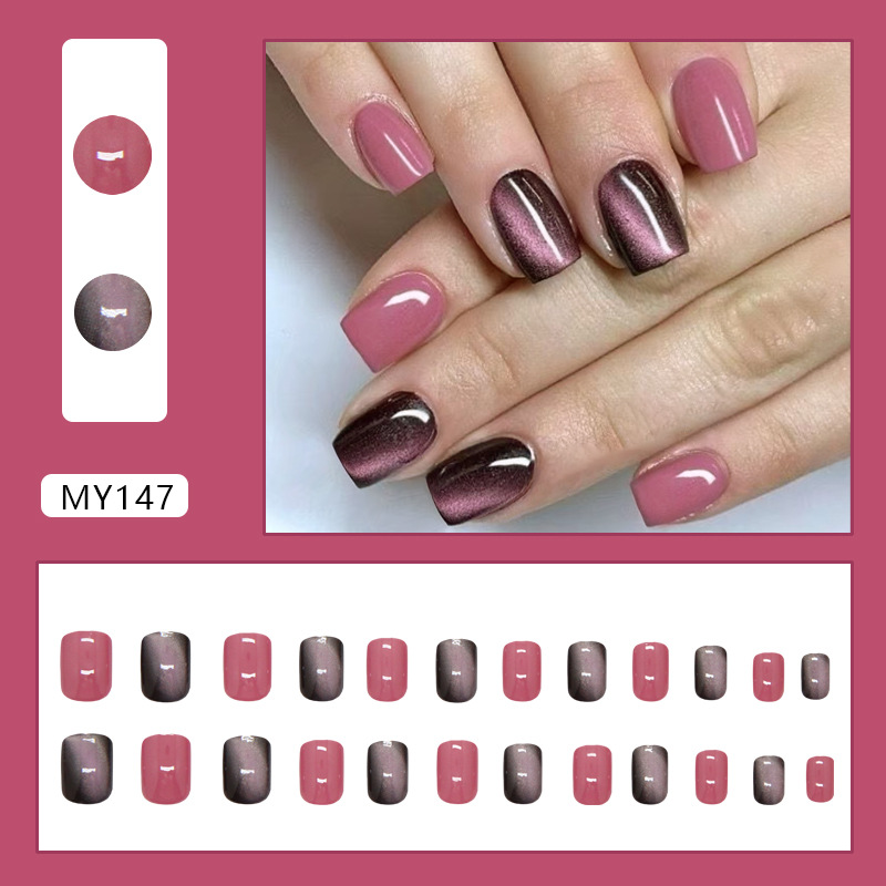 Short Square Press-On Fake Nail Laser Cat’s Eye Sparkly Stylish Manicure 24pcs