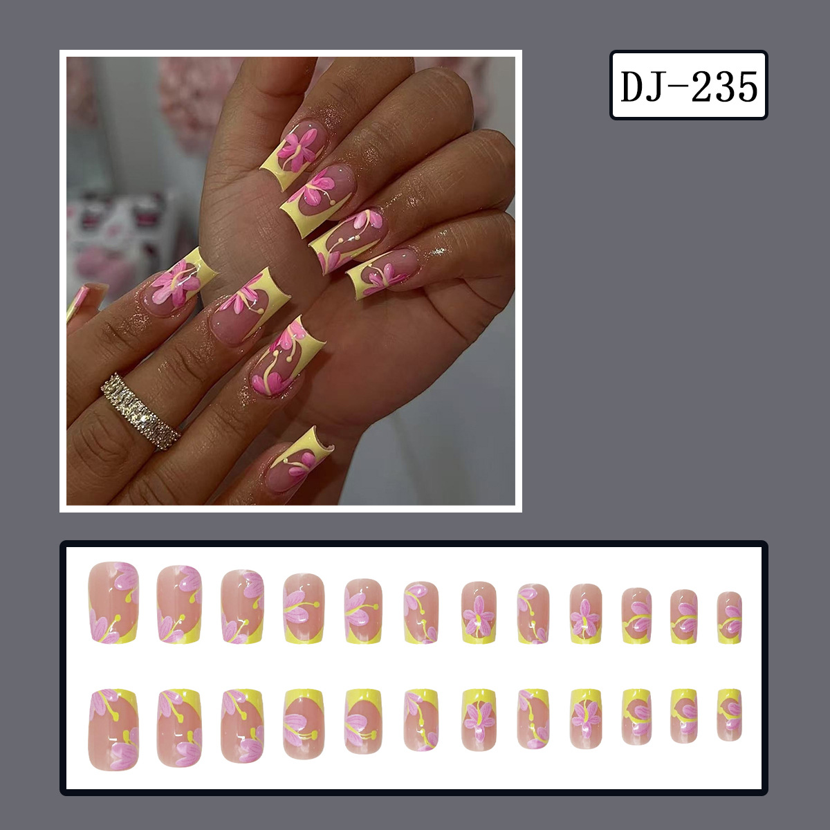 Short Square Press-On Fake Nail Sweet Pink Flowers Yellow French Manicure 24pcs