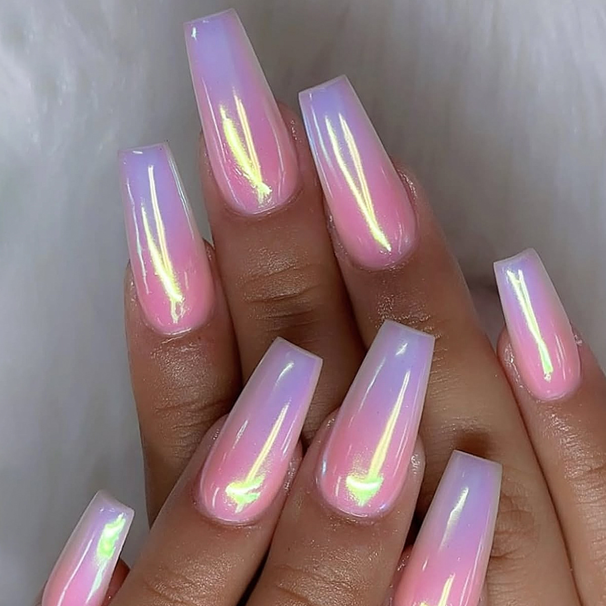 24pcs Pink Purple Gradient Long Coffin Press-On Fake Nail Mirror Aurora Manicure