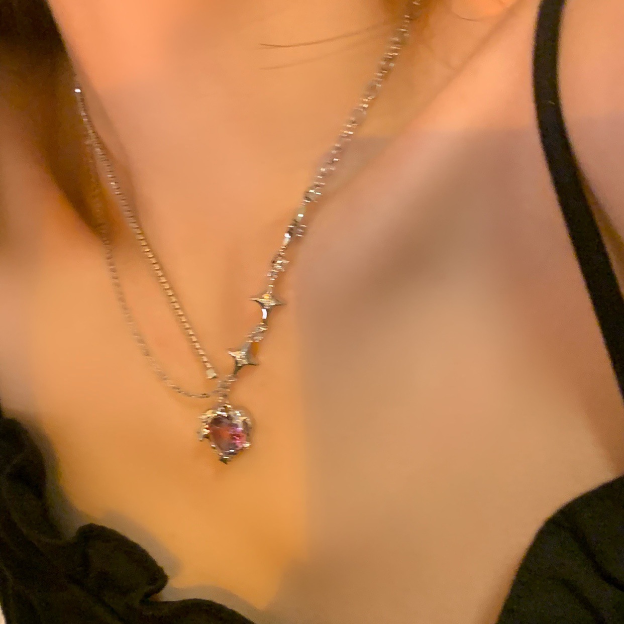 Sweet Cool Pink Diamond Love Necklace Women's Neck Chain Clavicle Chain - Picture 18 of 18