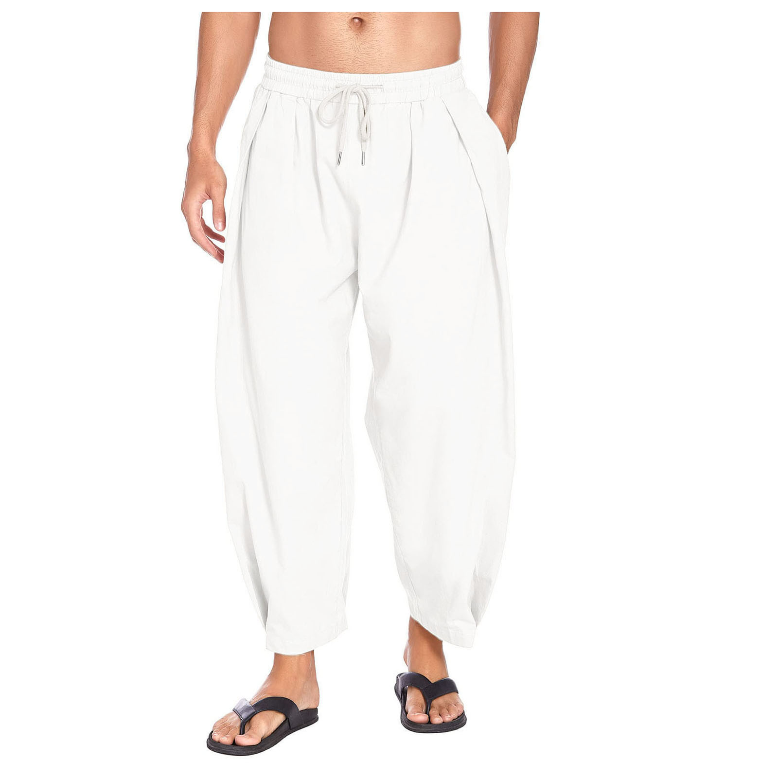 Men's Cotton Hemp Harun Pants Drawstring Casual Capris Loose Beach Yoga Pants - Picture 25 of 32