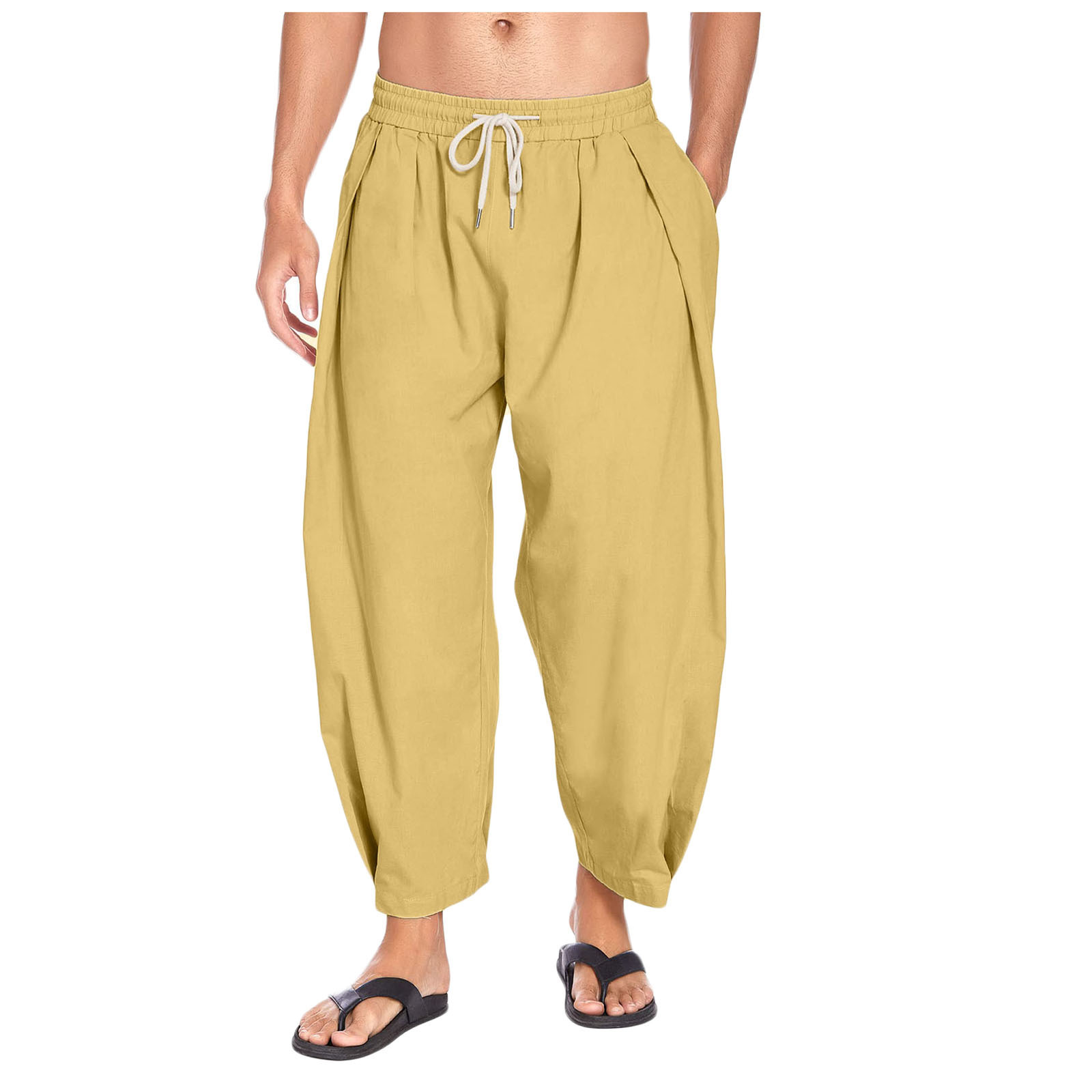 Men's Cotton Hemp Harun Pants Drawstring Casual Capris Loose Beach Yoga Pants - Picture 26 of 32