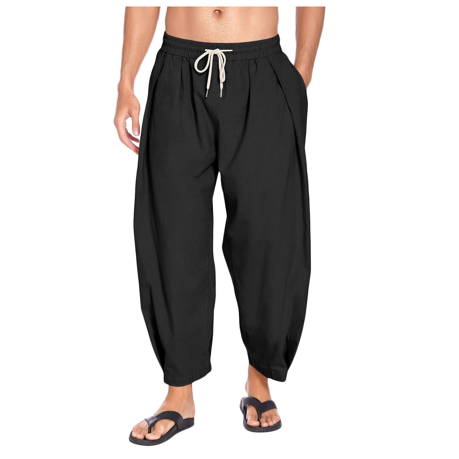 Men's Cotton Hemp Harun Pants Drawstring Casual Capris Loose Beach Yoga Pants - Picture 27 of 32