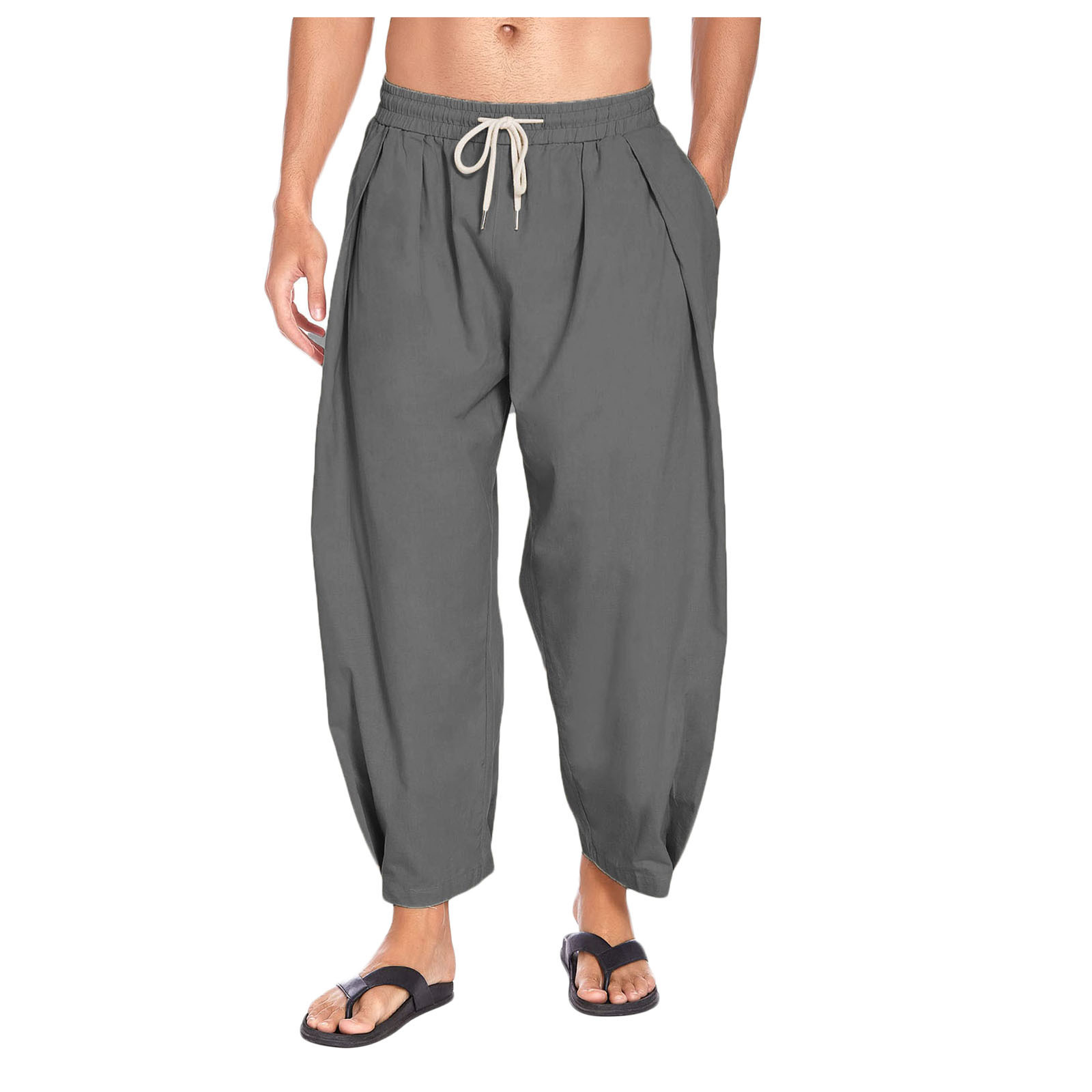 Men's Cotton Hemp Harun Pants Drawstring Casual Capris Loose Beach Yoga Pants - Picture 28 of 32