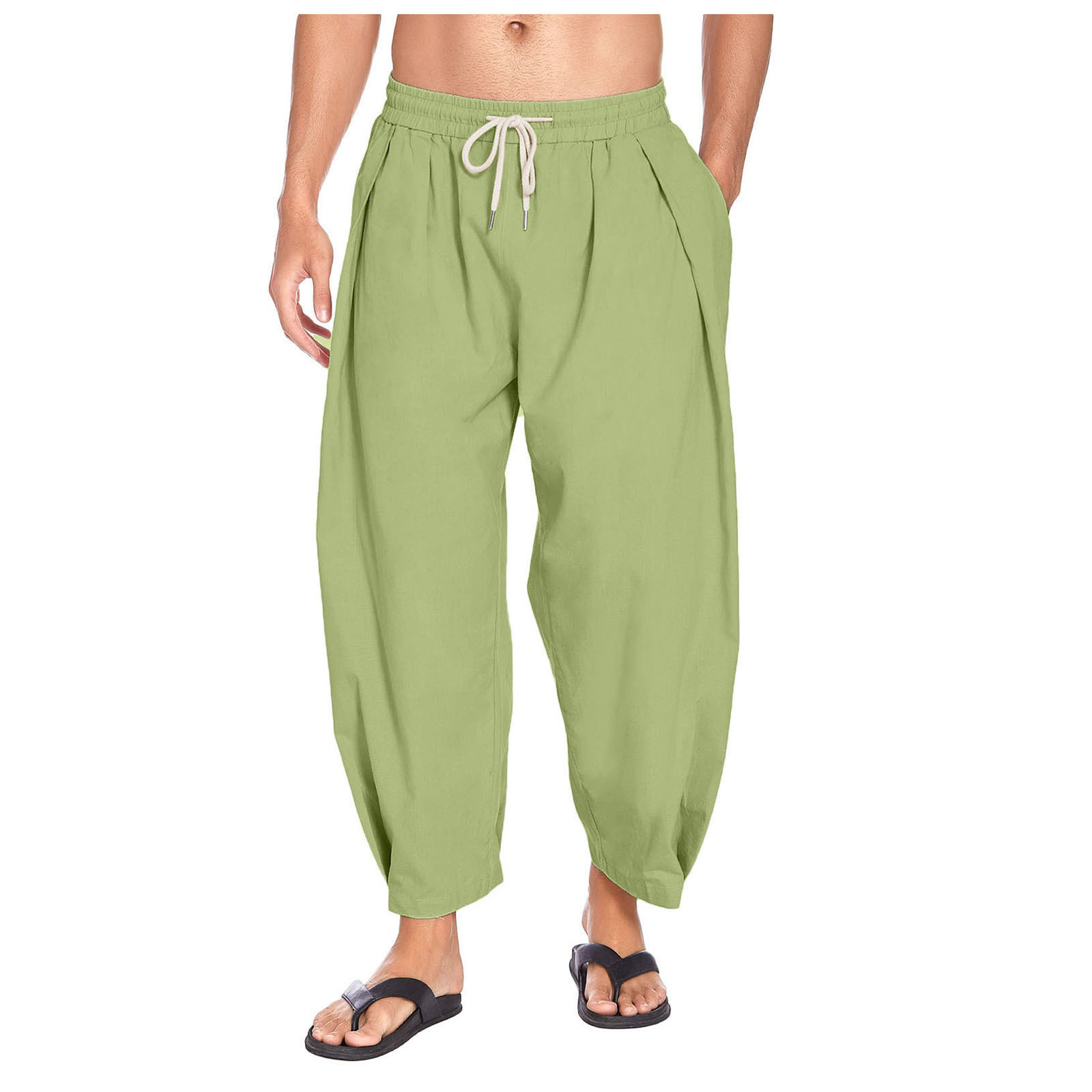 Men's Cotton Hemp Harun Pants Drawstring Casual Capris Loose Beach Yoga Pants - Picture 29 of 32