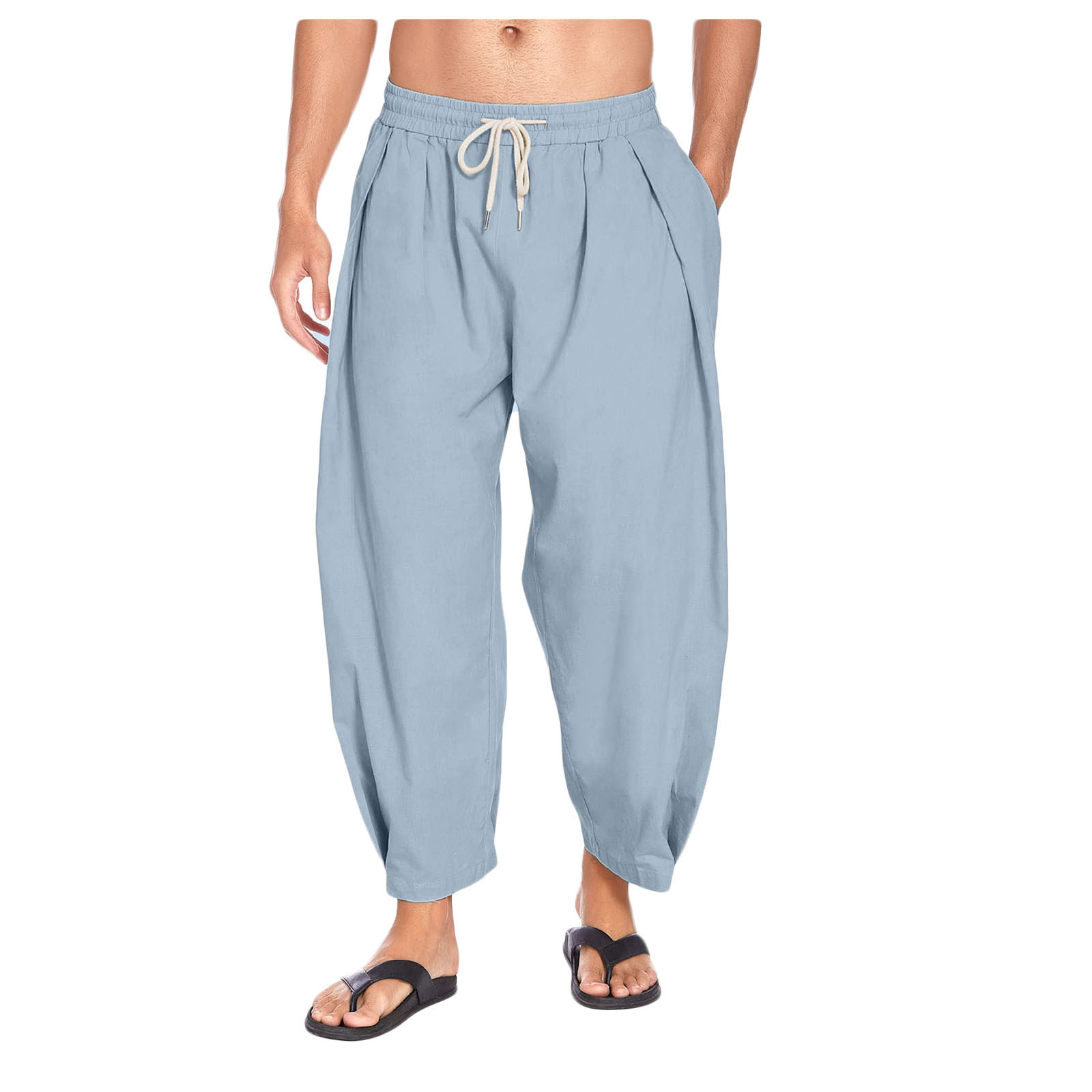 Men's Cotton Hemp Harun Pants Drawstring Casual Capris Loose Beach Yoga Pants - Picture 30 of 32