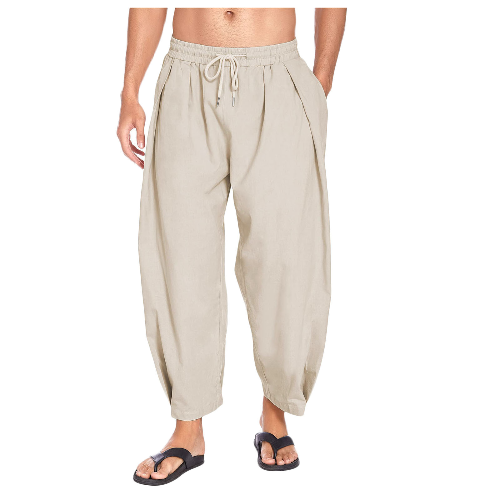 Men's Cotton Hemp Harun Pants Drawstring Casual Capris Loose Beach Yoga Pants - Picture 31 of 32