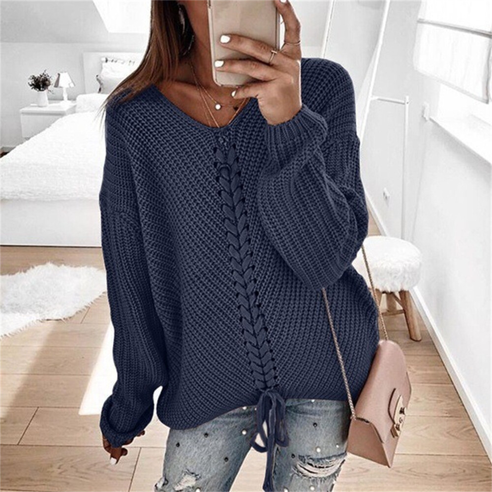 Long sleeved loose V-neck drawstring backless pullover sweater - Picture 21 of 22