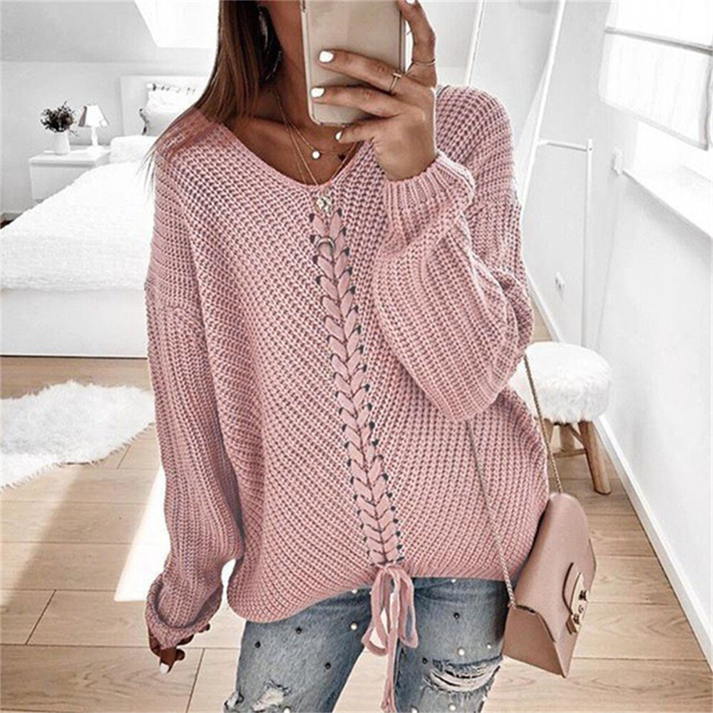 Long sleeved loose V-neck drawstring backless pullover sweater - Picture 16 of 22
