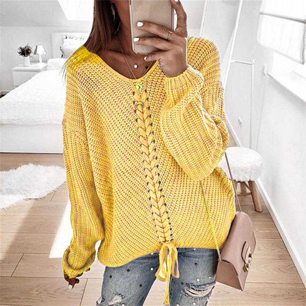 Long sleeved loose V-neck drawstring backless pullover sweater - Picture 17 of 22