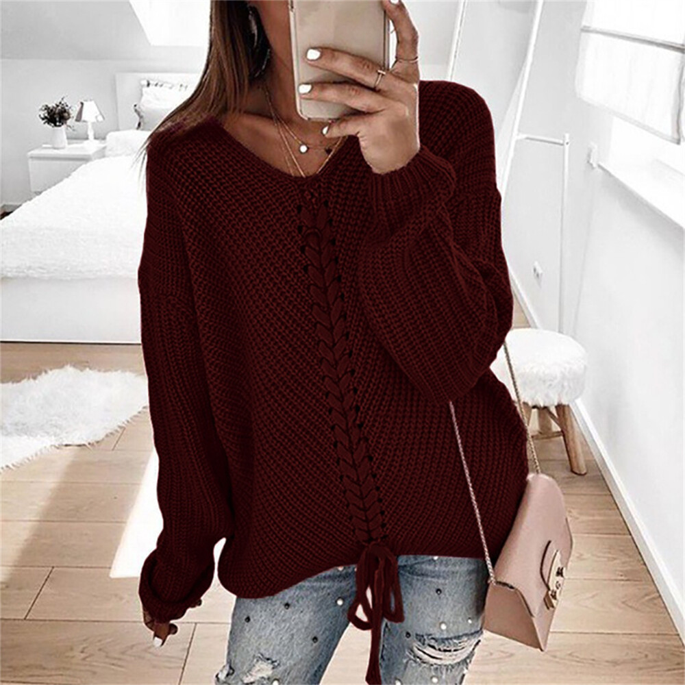Long sleeved loose V-neck drawstring backless pullover sweater - Picture 22 of 22