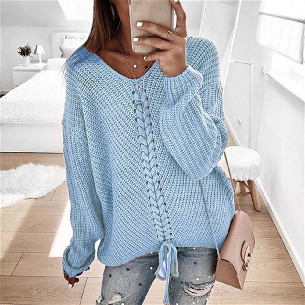 Long sleeved loose V-neck drawstring backless pullover sweater - Picture 20 of 22