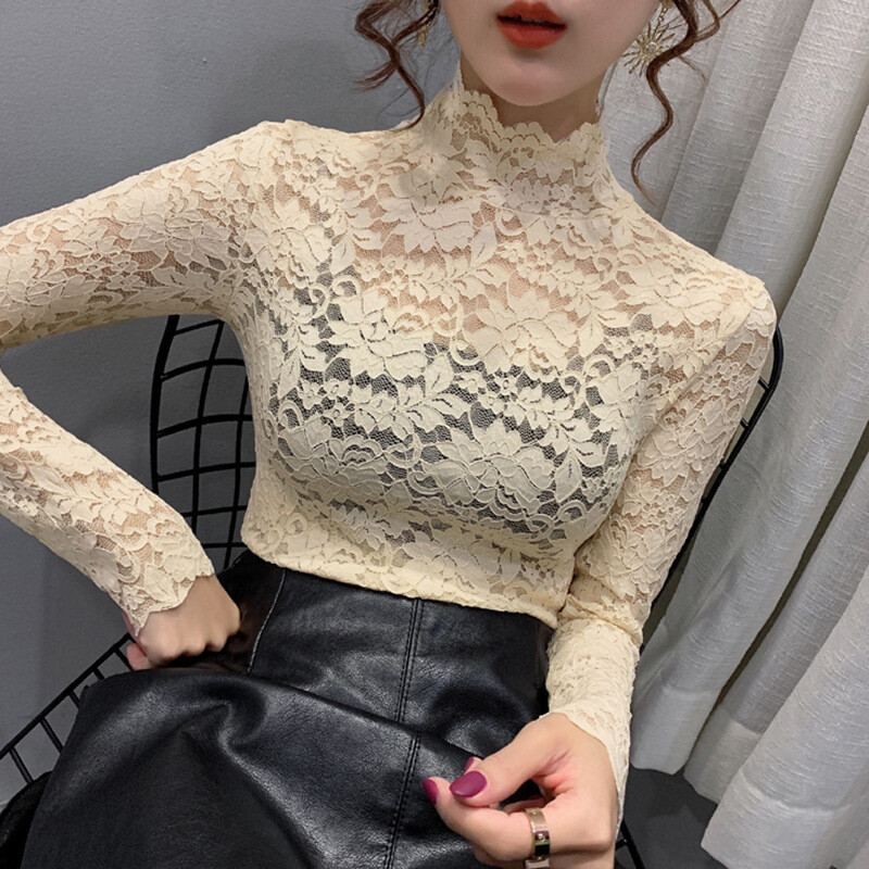 Hollow lace base shirt for slimming, half high neck slim fit top - Picture 14 of 16