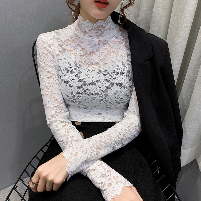 Hollow lace base shirt for slimming, half high neck slim fit top - Picture 10 of 16