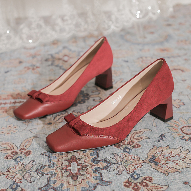 Wedding Shoes Women Square Toe High Heels Bridal Shoes Red Festive Sandals