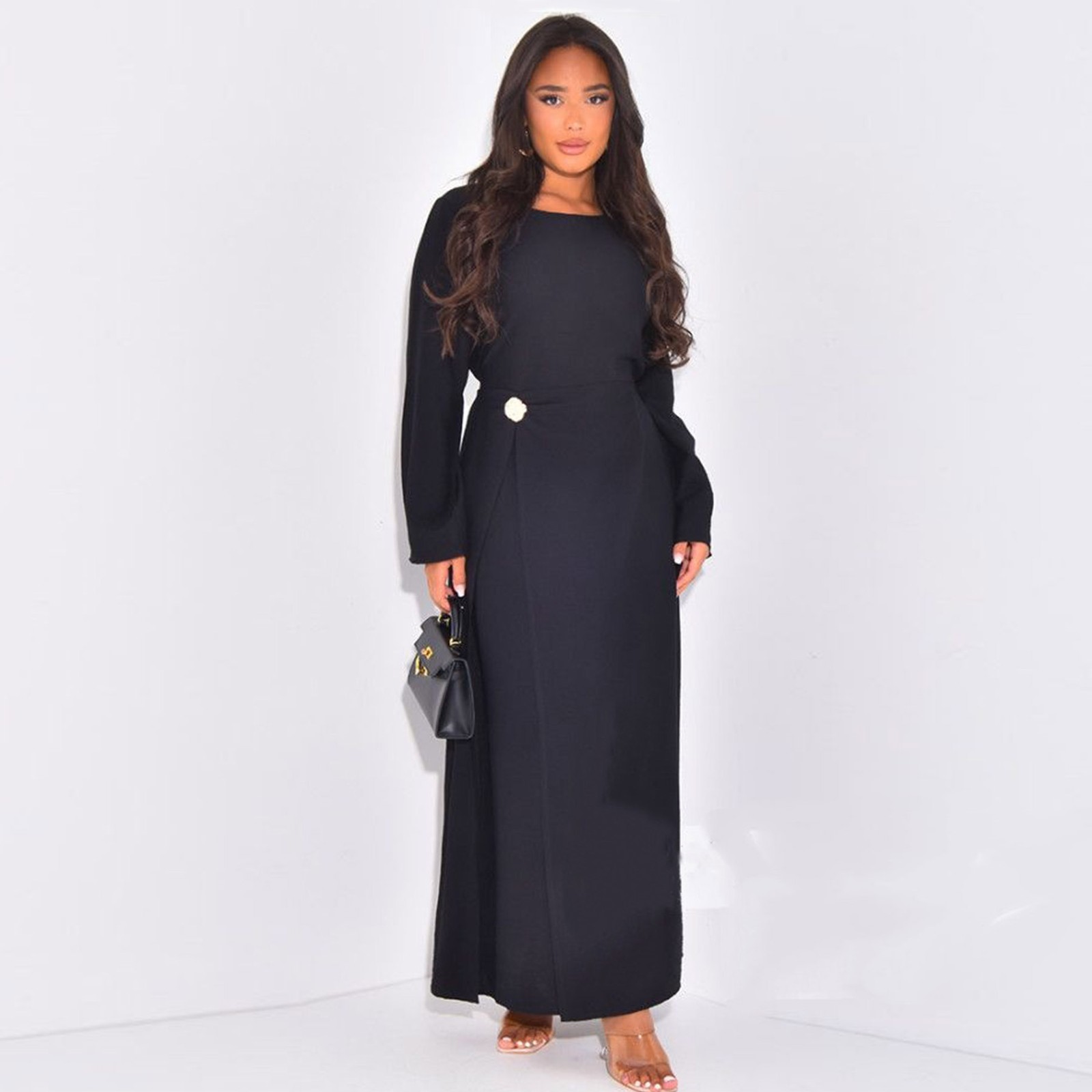 Eid Muslim Women Abaya Solid Round Neck Lace Up Maxi Robe Dress Dubai Simple