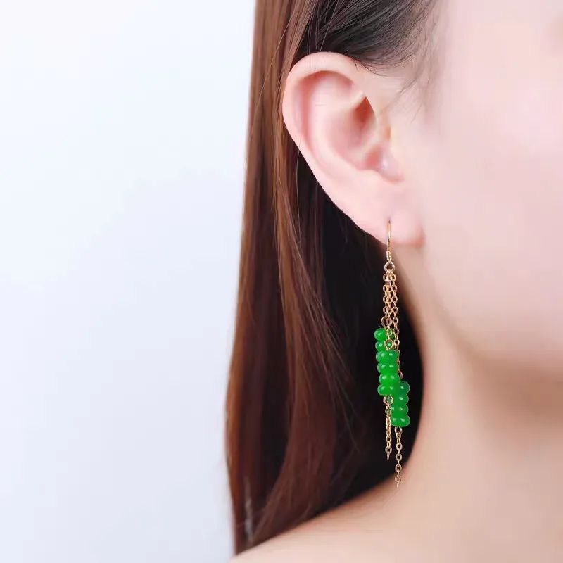 925 Silver Women's Ethnic Style Jade Full Green Earrings - Picture 7 of 8