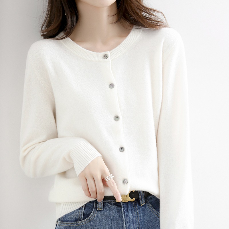 Womens Cashmere Blend Sweater Solid Color Simple Crew Neck Cardigan Jacket Coat