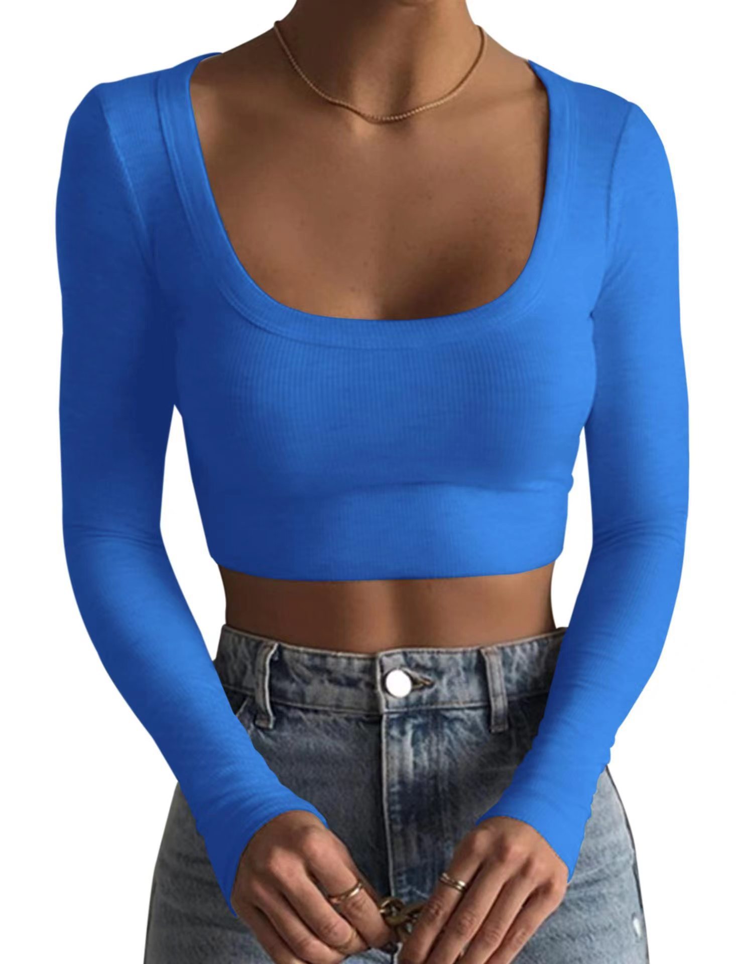 Big round neck long sleeved thread ultra short slim fit and slimming effect