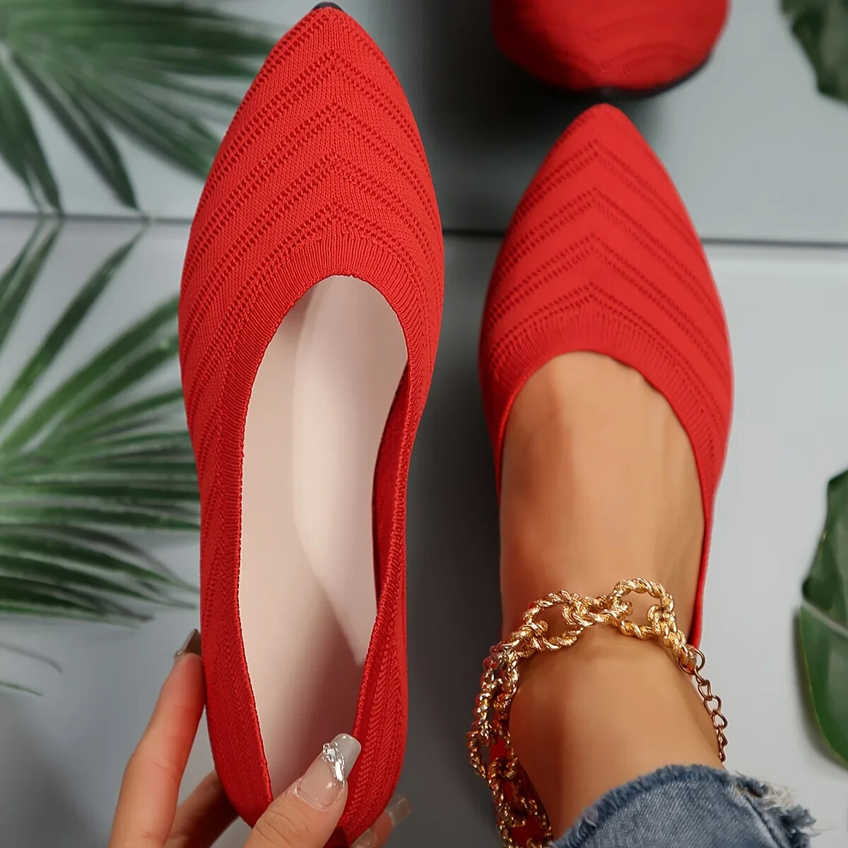 Pointed Toe Shoes Knitted Slip on Shoes Breathable Ballet Flats Loafers Comfort