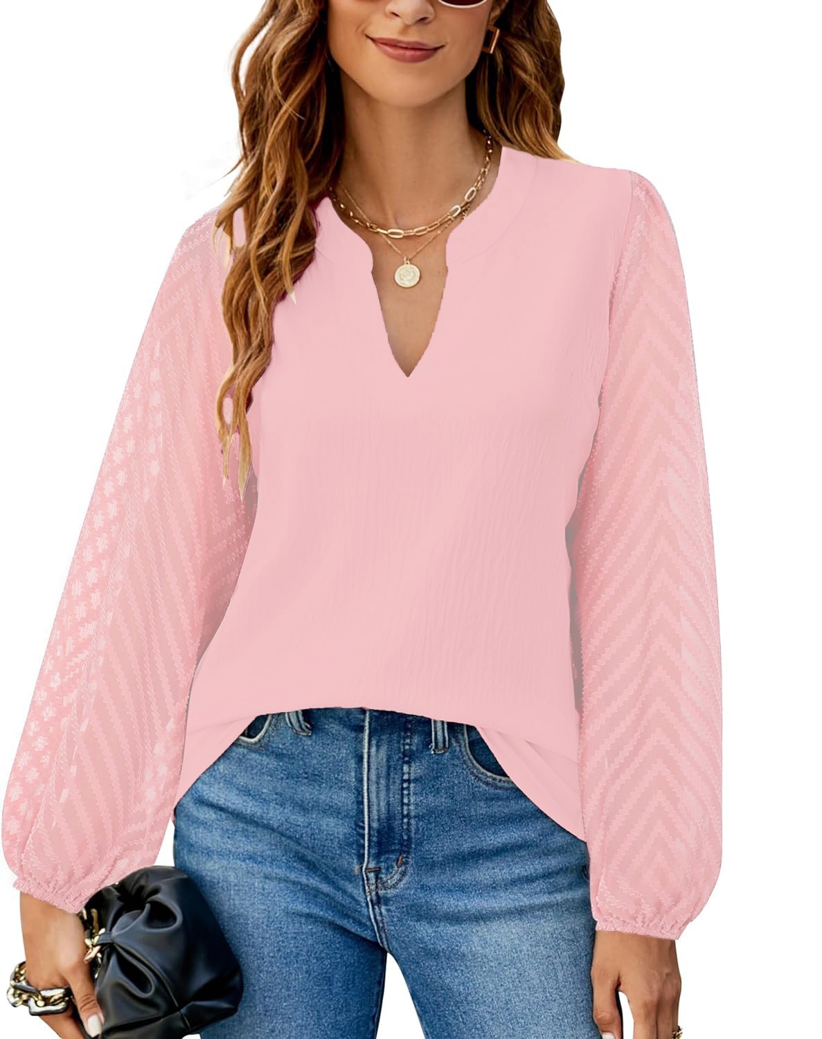 New solid color V-neck lace spliced chiffon top - Picture 16 of 18