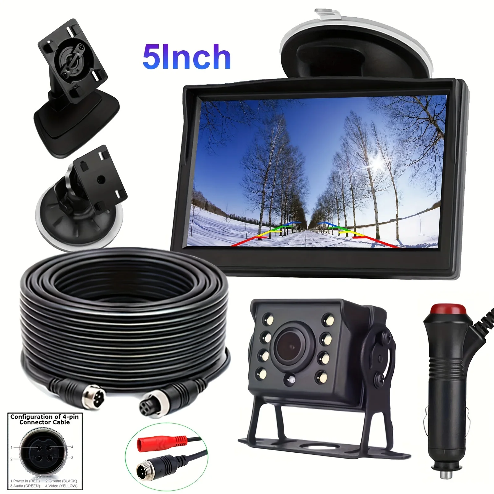 4PIN 7"/5" Monitor Backup Camera 8LED Car Rear View HD Display Parking Reverse - Picture 9 of 10