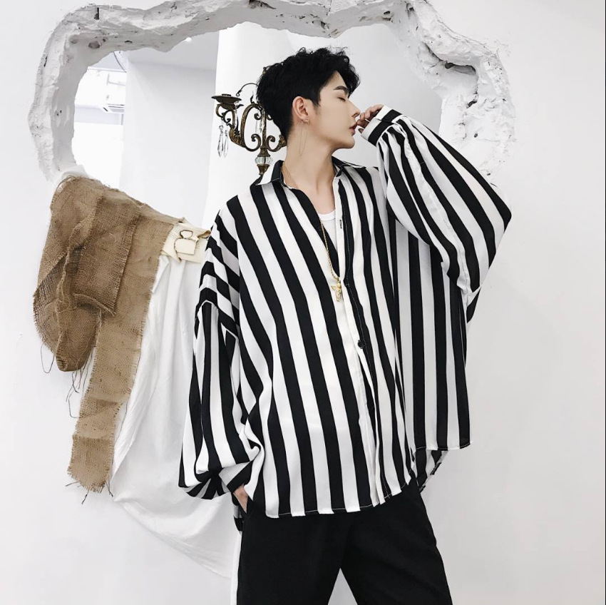 Men Batwing Sleeve Shirt Tops Loose Oversized Casual Striped Gothic Punk Stylish