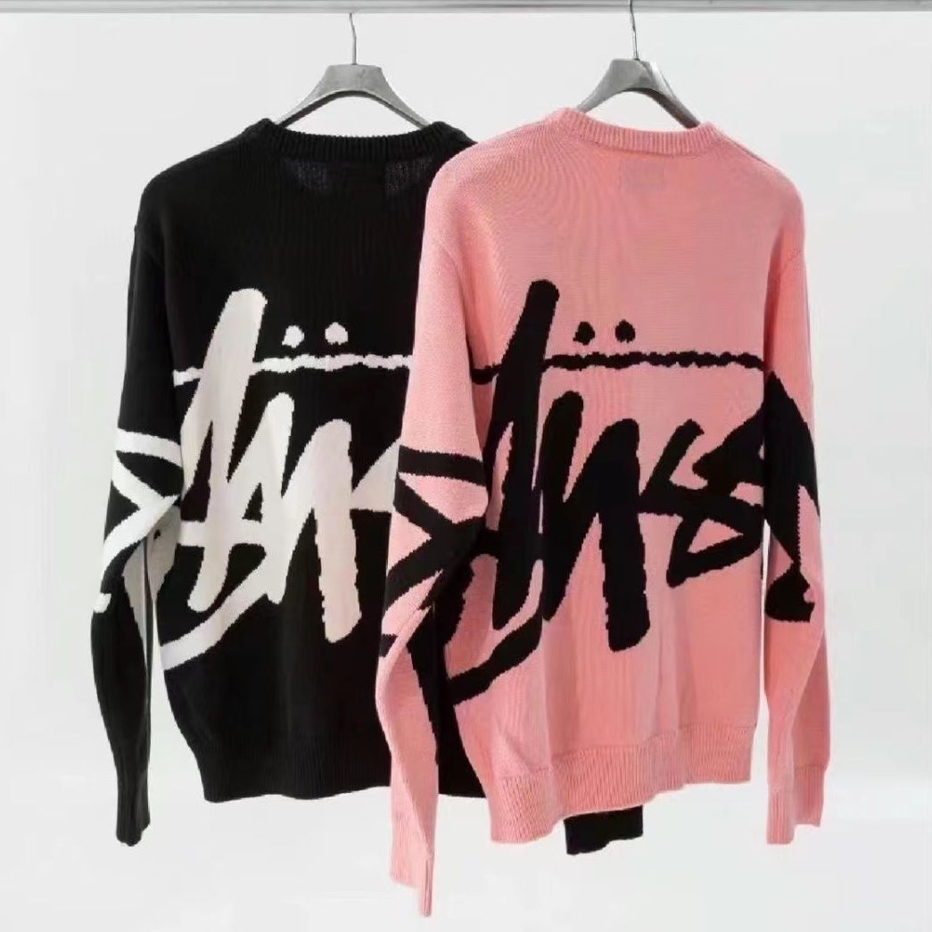 New Stussy letter knitted jacquard sweater men's and women's crew
