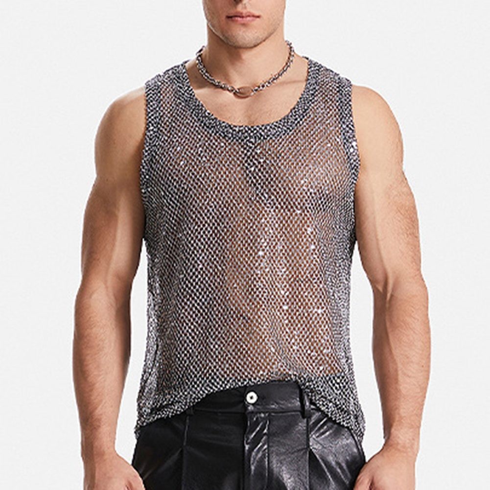 Glitter Sheer See Through Fishnet Tank Top for Men Sexy Mesh Vest Grey