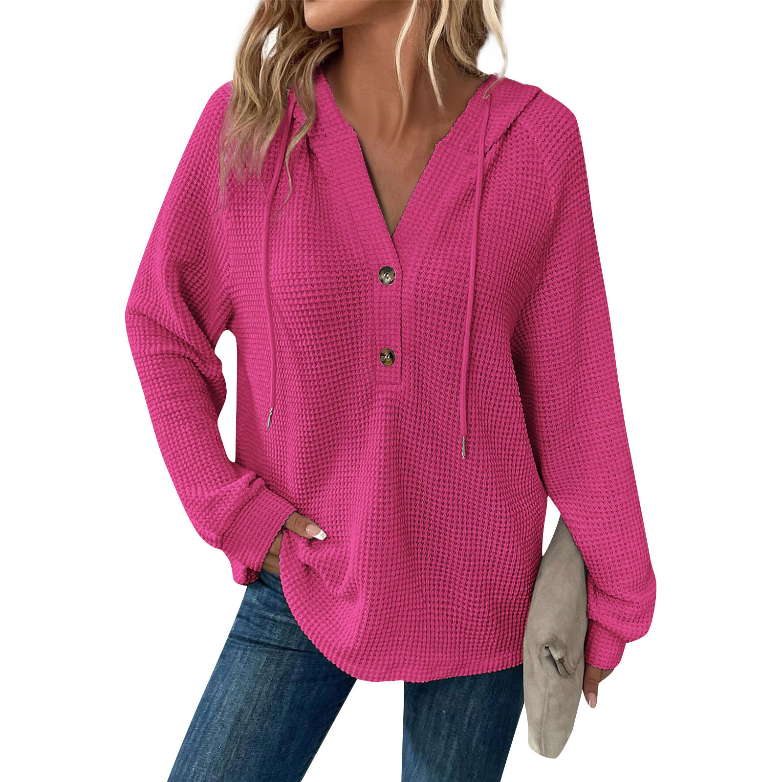 Casual Women’s Solid Color Hoodie – Long Sleeve Relaxed Fit Waffle Weave Top