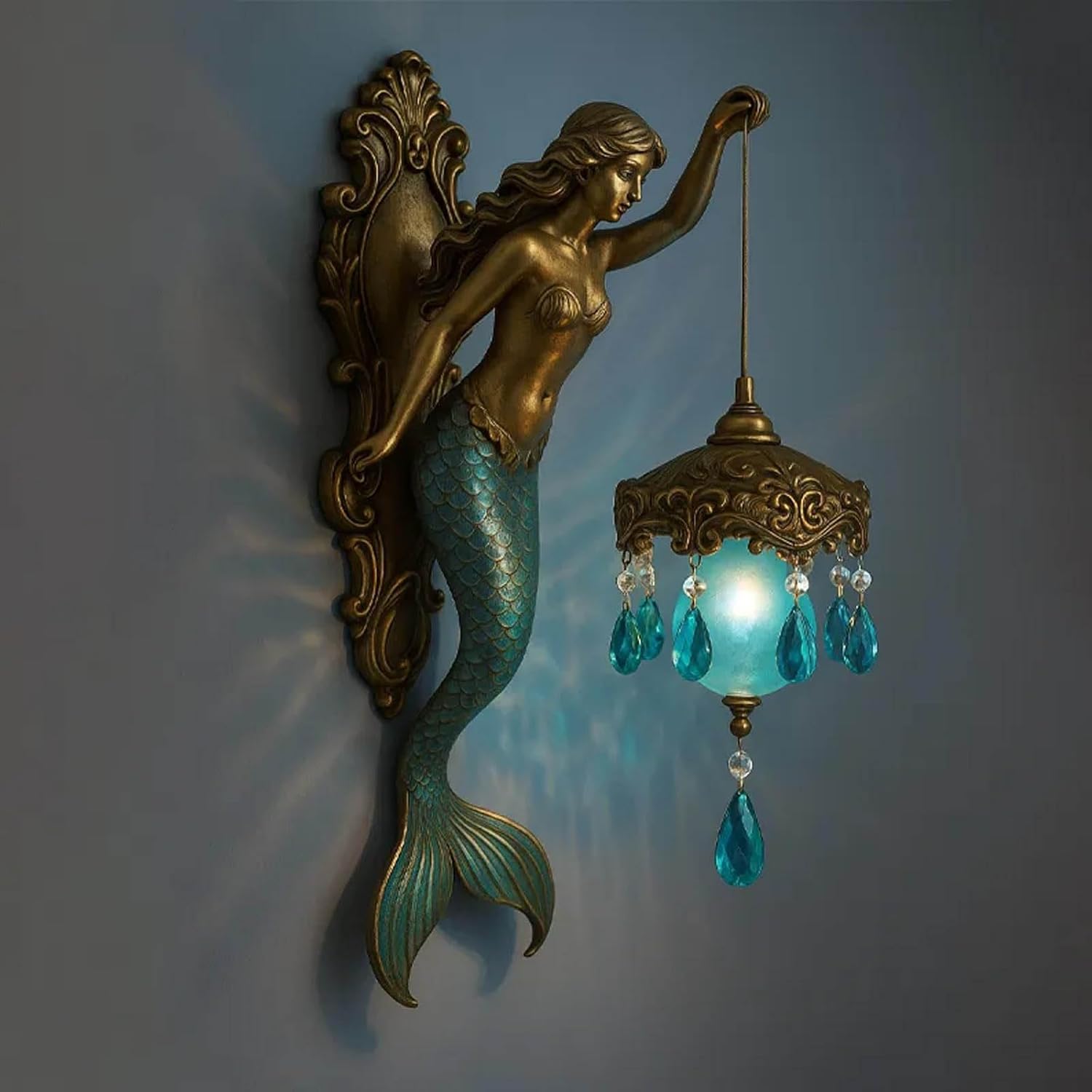 Mermaid Wall Lamp, Antique Bronze Mermaid Wall Sconce with Lantern, Vintage Ocea - Bild 13 von 14
