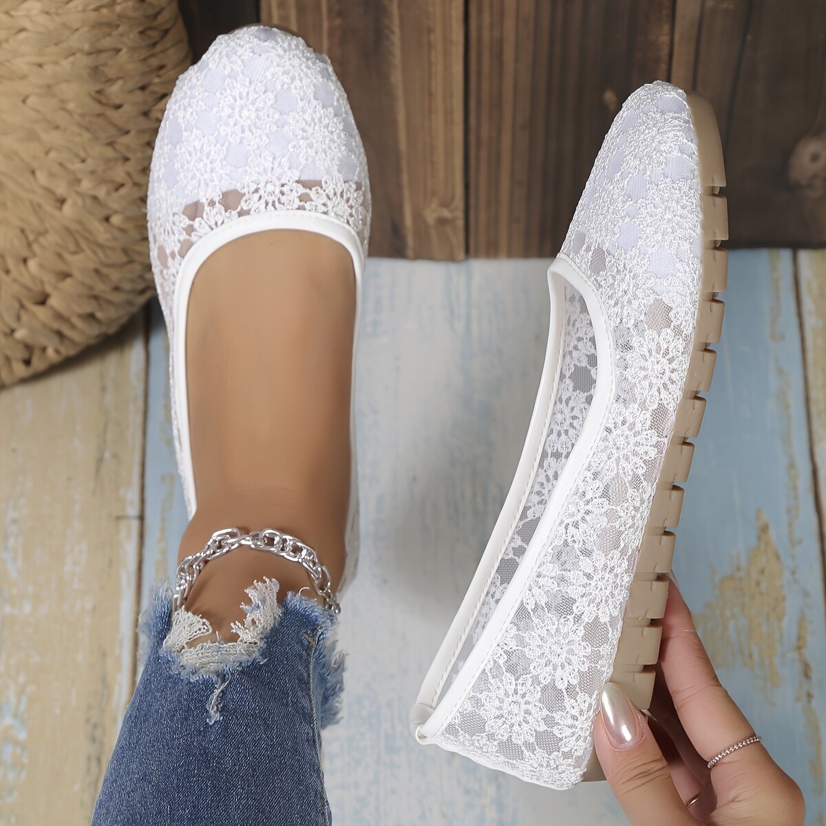 Women's Floral Lace Patttern Ballets, Slip On Soft Sole Breathable Comfy Flats, - Picture 13 of 13